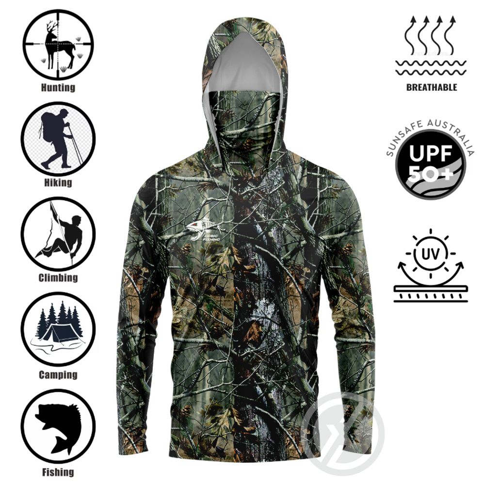 Embellish Knit - เสื้อตกปลาแบบมีฮู้ด UPF50+ พร้อมผ้าคลุมหน้าในตัว ลายพิมพ์ 3D รูปปลาฉลาม