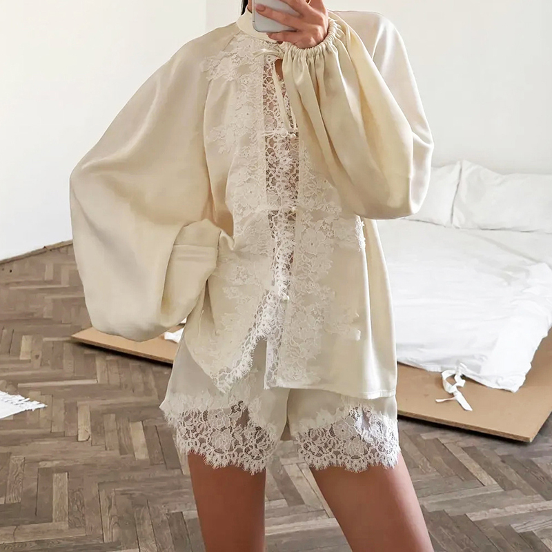 Elastic Lace Trim - ชุดเซ็ตผ้าซาตินลูกไม้ 2 ชิ้นสำหรับผู้หญิง เสื้อเบลาส์แขนยาวทรงโคมไฟ คอกลม เซ็กซี่
