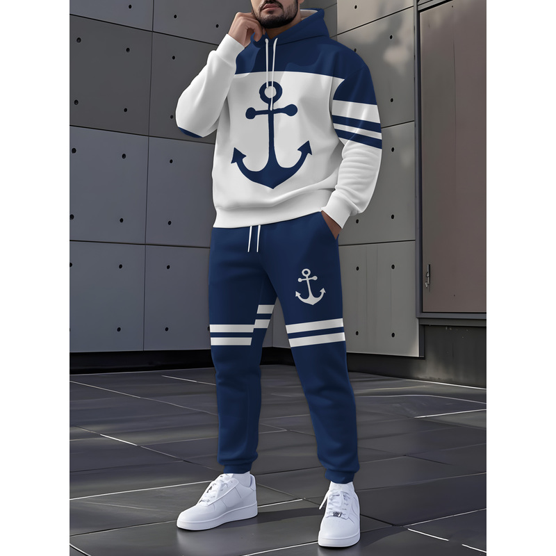 Embellish Knit - ชุดกีฬาลำลองสำหรับผู้ชายประกอบด้วยเสื้อฮู้ดและกางเกงขายาวสีน้ำเงินขาวแบบดีไซน์บล็อกสี