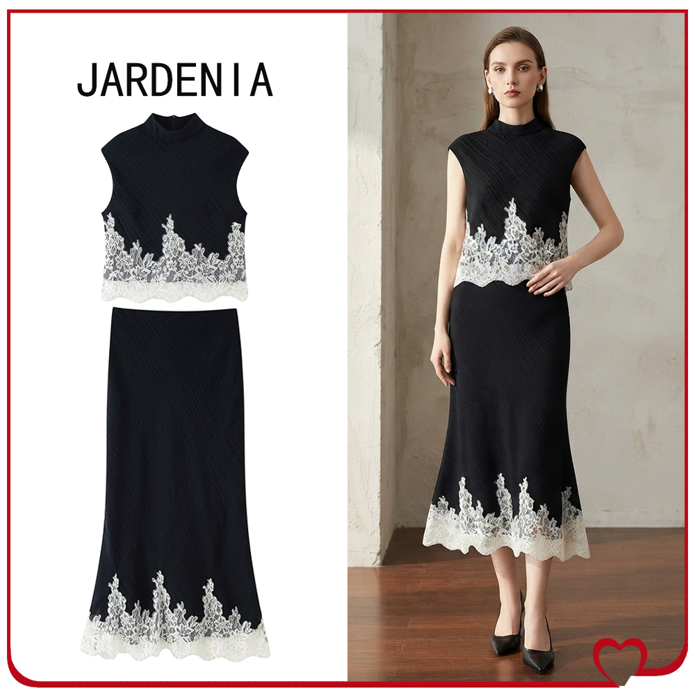 Elastic Lace Trim - ชุดเซ็ต 2 ชิ้นสำหรับผู้หญิง ดีไซน์เก๋ไก๋พร้อมขอบลูกไม้ ชุดกระโปรงเอฟเฟกต์ยับสำหรับฤดูร้อน ประกอบด้วยเสื้อครอปท็อปแต่งลูกไม้เข้าชุดกับกระโปรงมิดิแต่งขอบลูกไม้