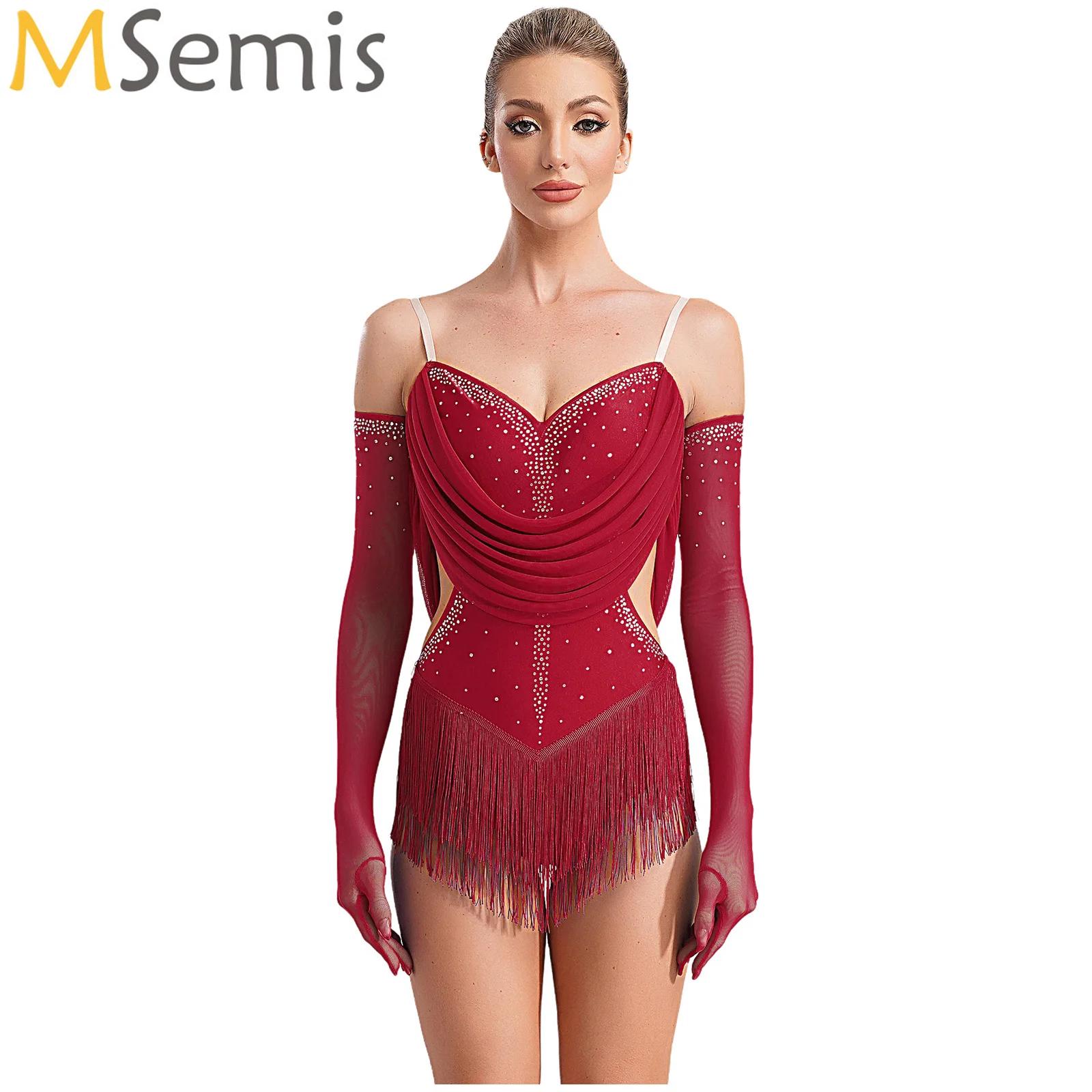 Rhinestone Banding Trim - ผู้หญิง Ruched ตาข่ายพู่เต้นรําละติน Leotard Glittery Rhinestones